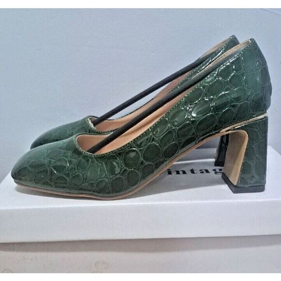 Unique Vintage Shoes Size 5 Green Crocodile Embossed Pumps - Picture 6 of 8